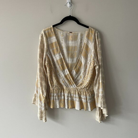 Free People Rosalie Geometric Print Bell Sleeve Wrap Top Yellow Gray Small - Picture 2 of 8